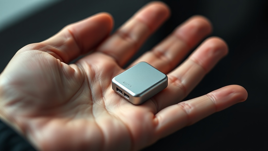 사람의 손바닥 위에 놓인 매우 작은 사이즈의 고출력 GaN 충전기 모습