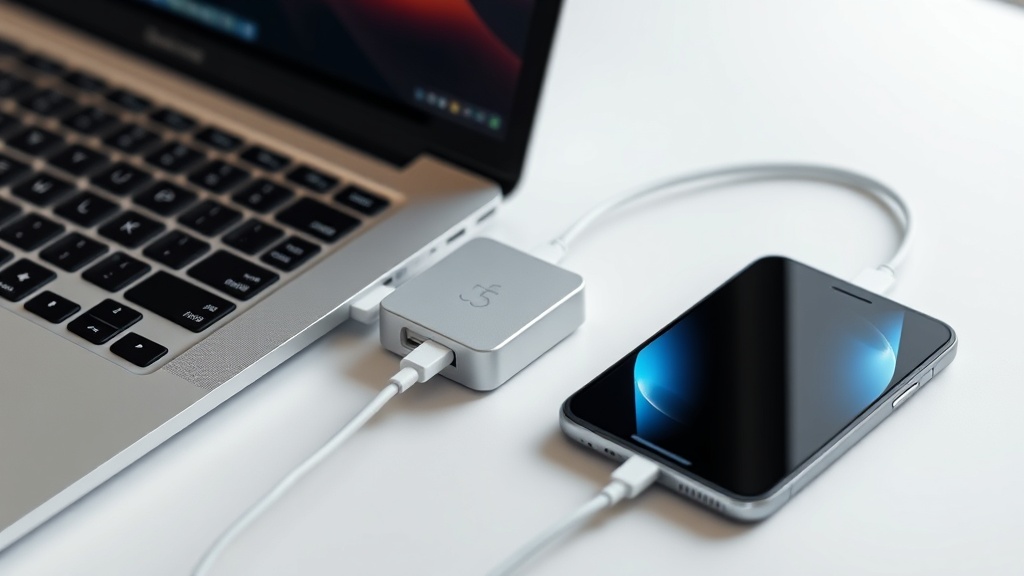 하나의 고출력 다중 포트 충전기에 노트북과 스마트폰이 동시에 연결되어 안전하게 전력을 공급받는 상황