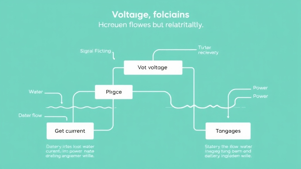 전압과 전류 그리고 전력의 관계를 물의 흐름으로 비유하여 설명하는 개념도